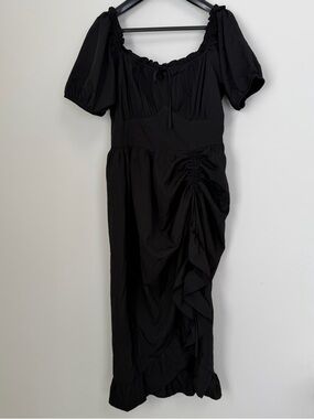 Scarlet Darkness Black Ruched Midi Dress Puff Sleeve Cottagecore Goth Size L